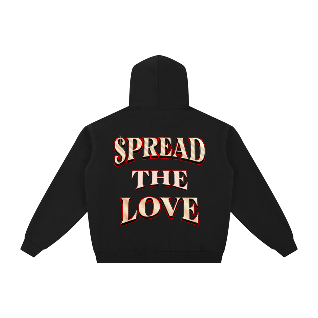 Black hoodie with 'Spread the Love' text on the back against a white background