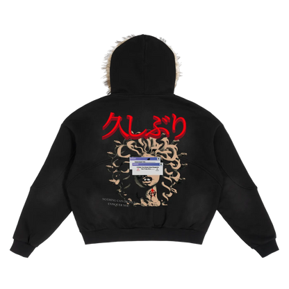 (𝓹𝓻𝓮𝓶𝓲𝓾𝓶) "Nothing will Conquer you"  Sun Fade Boxy Fur Hoodie